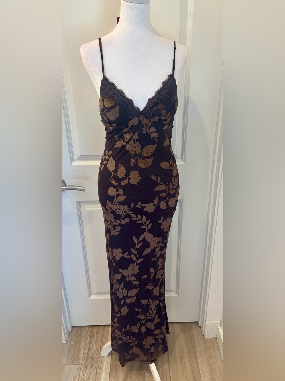 NWT Crystal Sky Brown Slip Dress with velvet floral accents and Lace Trim- S